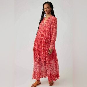 Free People Coral See It Through Flowy Long Sleeve Maxi Dress Size Small